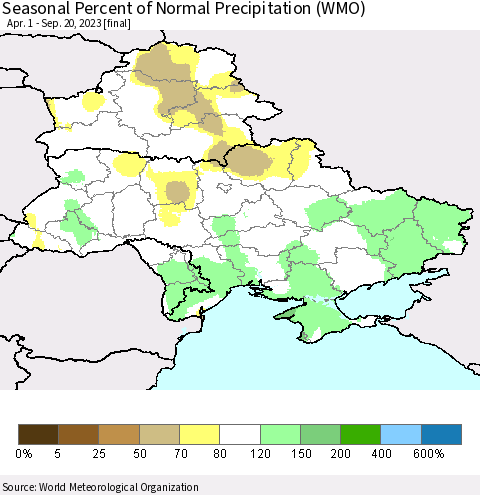 Ukraine, Moldova and Belarus Seasonal Percent of Normal Precipitation (WMO) Thematic Map For 4/1/2023 - 9/20/2023