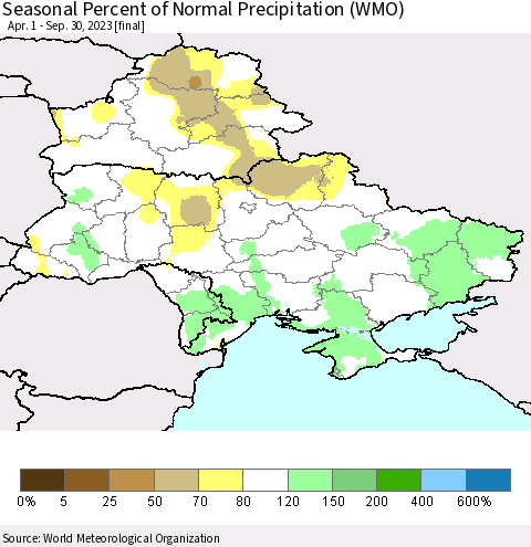 Ukraine, Moldova and Belarus Seasonal Percent of Normal Precipitation (WMO) Thematic Map For 4/1/2023 - 9/30/2023