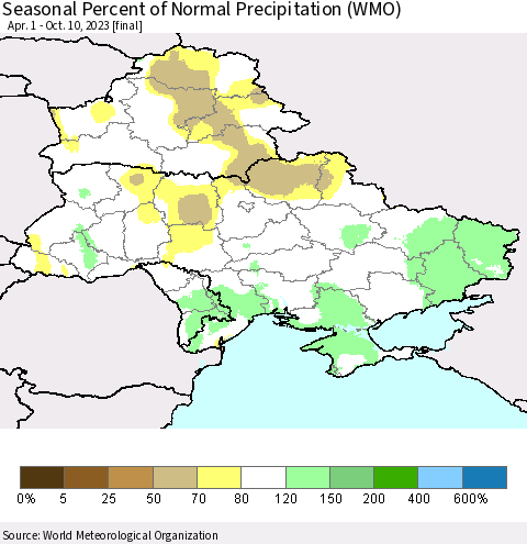 Ukraine, Moldova and Belarus Seasonal Percent of Normal Precipitation (WMO) Thematic Map For 4/1/2023 - 10/10/2023