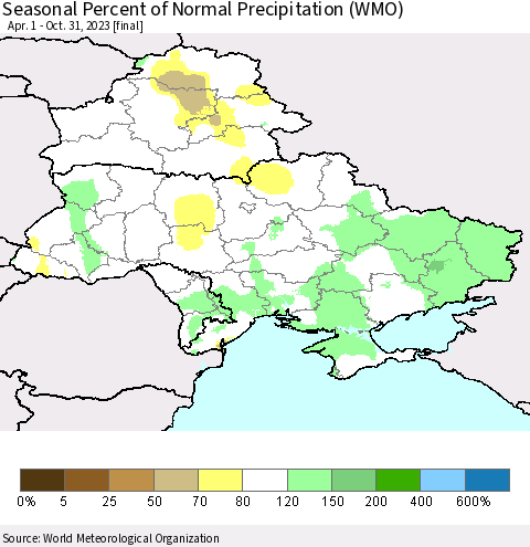 Ukraine, Moldova and Belarus Seasonal Percent of Normal Precipitation (WMO) Thematic Map For 4/1/2023 - 10/31/2023