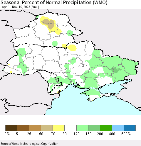 Ukraine, Moldova and Belarus Seasonal Percent of Normal Precipitation (WMO) Thematic Map For 4/1/2023 - 11/10/2023