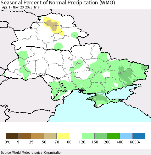Ukraine, Moldova and Belarus Seasonal Percent of Normal Precipitation (WMO) Thematic Map For 4/1/2023 - 11/20/2023