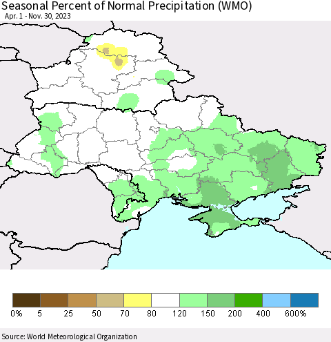 Ukraine, Moldova and Belarus Seasonal Percent of Normal Precipitation (WMO) Thematic Map For 4/1/2023 - 11/30/2023