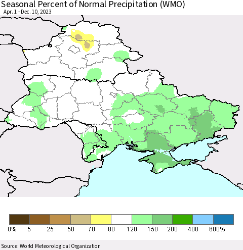 Ukraine, Moldova and Belarus Seasonal Percent of Normal Precipitation (WMO) Thematic Map For 4/1/2023 - 12/10/2023