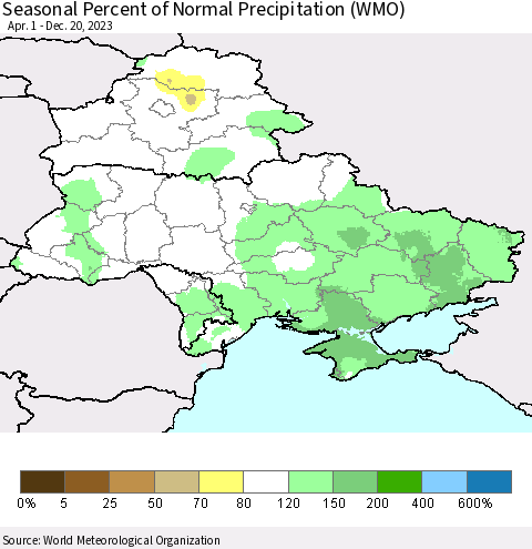 Ukraine, Moldova and Belarus Seasonal Percent of Normal Precipitation (WMO) Thematic Map For 4/1/2023 - 12/20/2023