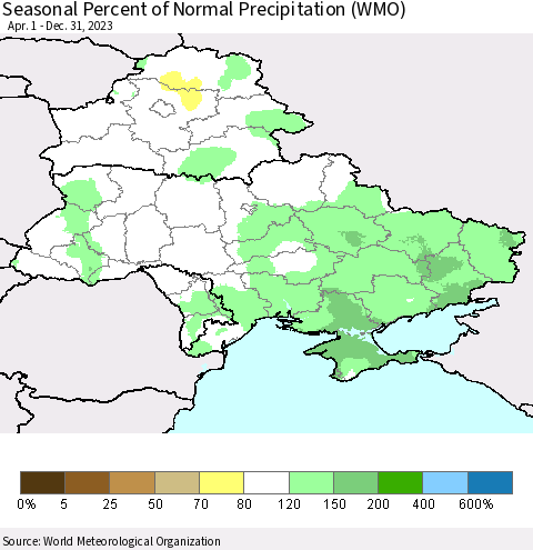 Ukraine, Moldova and Belarus Seasonal Percent of Normal Precipitation (WMO) Thematic Map For 4/1/2023 - 12/31/2023