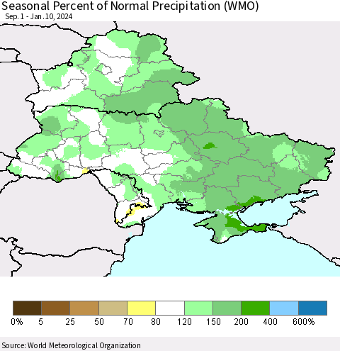 Ukraine, Moldova and Belarus Seasonal Percent of Normal Precipitation (WMO) Thematic Map For 9/1/2023 - 1/10/2024