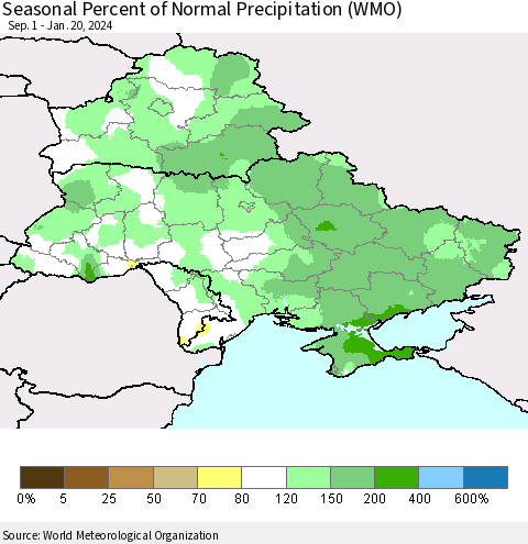 Ukraine, Moldova and Belarus Seasonal Percent of Normal Precipitation (WMO) Thematic Map For 9/1/2023 - 1/20/2024
