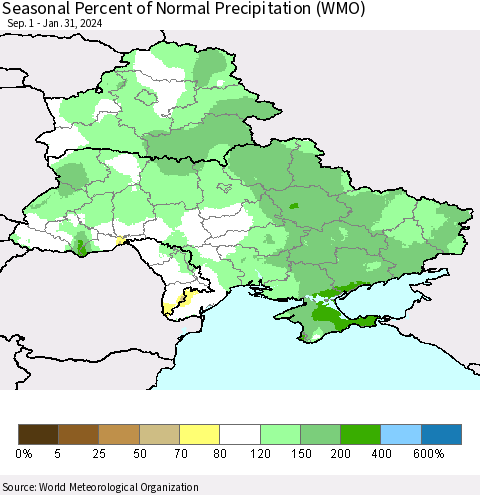 Ukraine, Moldova and Belarus Seasonal Percent of Normal Precipitation (WMO) Thematic Map For 9/1/2023 - 1/31/2024