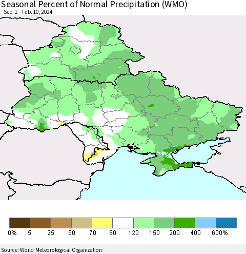 Ukraine, Moldova and Belarus Seasonal Percent of Normal Precipitation (WMO) Thematic Map For 9/1/2023 - 2/10/2024