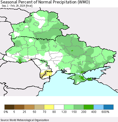 Ukraine, Moldova and Belarus Seasonal Percent of Normal Precipitation (WMO) Thematic Map For 9/1/2023 - 2/29/2024