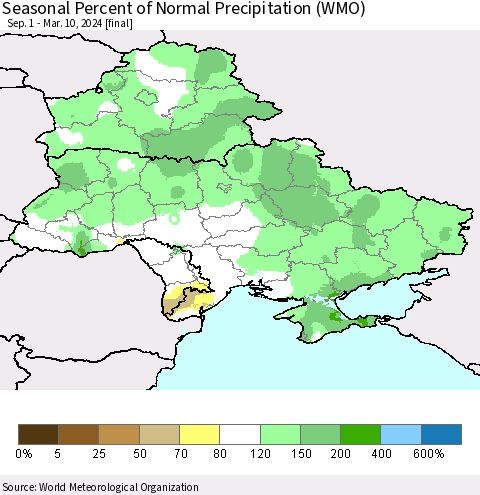 Ukraine, Moldova and Belarus Seasonal Percent of Normal Precipitation (WMO) Thematic Map For 9/1/2023 - 3/10/2024