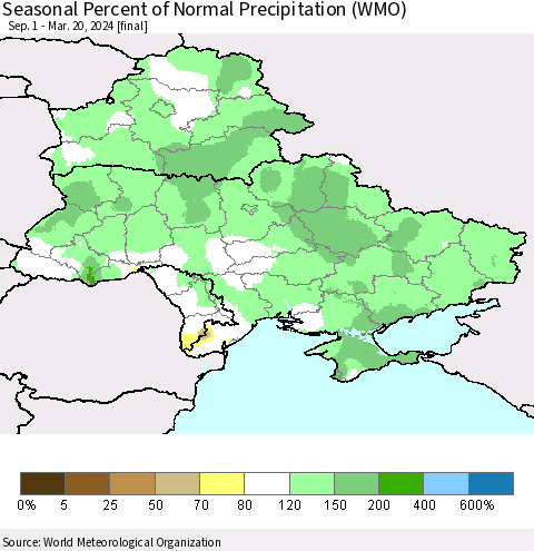 Ukraine, Moldova and Belarus Seasonal Percent of Normal Precipitation (WMO) Thematic Map For 9/1/2023 - 3/20/2024