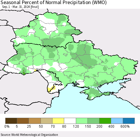 Ukraine, Moldova and Belarus Seasonal Percent of Normal Precipitation (WMO) Thematic Map For 9/1/2023 - 3/31/2024