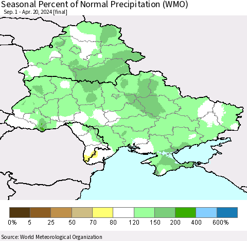 Ukraine, Moldova and Belarus Seasonal Percent of Normal Precipitation (WMO) Thematic Map For 9/1/2023 - 4/20/2024