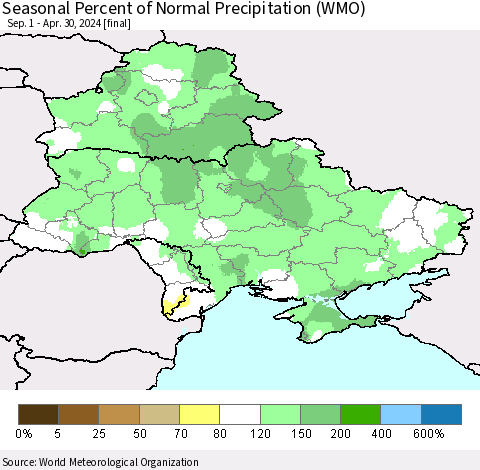 Ukraine, Moldova and Belarus Seasonal Percent of Normal Precipitation (WMO) Thematic Map For 9/1/2023 - 4/30/2024