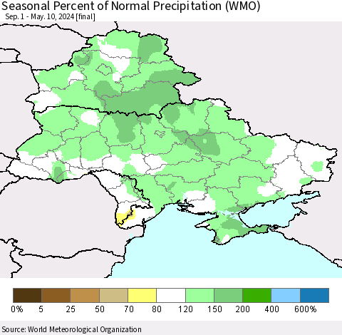 Ukraine, Moldova and Belarus Seasonal Percent of Normal Precipitation (WMO) Thematic Map For 9/1/2023 - 5/10/2024