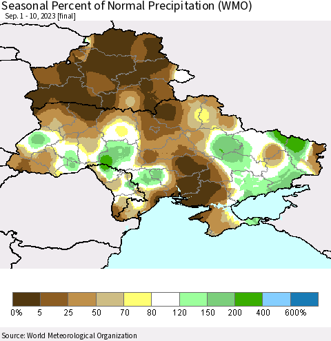 Ukraine, Moldova and Belarus Seasonal Percent of Normal Precipitation (WMO) Thematic Map For 9/1/2023 - 9/10/2023