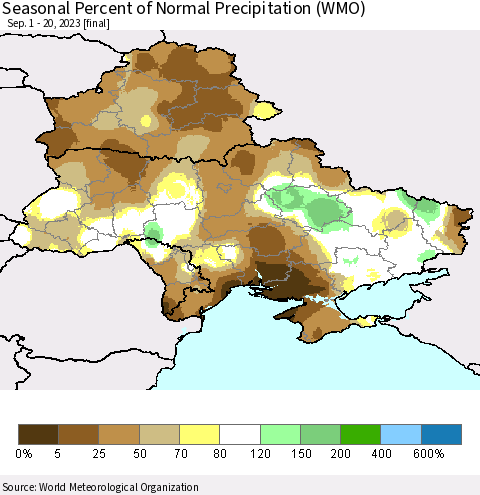 Ukraine, Moldova and Belarus Seasonal Percent of Normal Precipitation (WMO) Thematic Map For 9/1/2023 - 9/20/2023