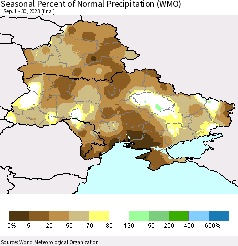 Ukraine, Moldova and Belarus Seasonal Percent of Normal Precipitation (WMO) Thematic Map For 9/1/2023 - 9/30/2023