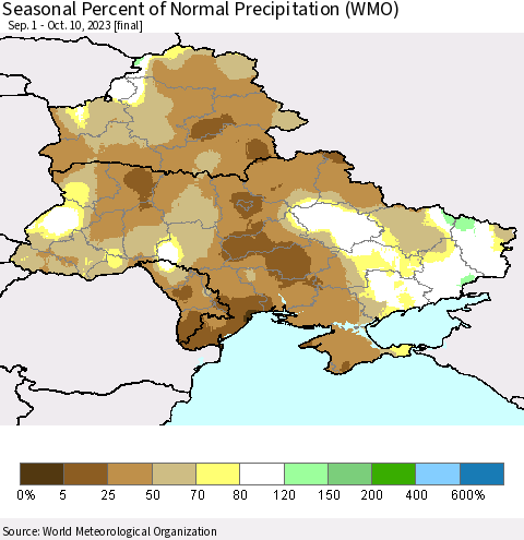 Ukraine, Moldova and Belarus Seasonal Percent of Normal Precipitation (WMO) Thematic Map For 9/1/2023 - 10/10/2023