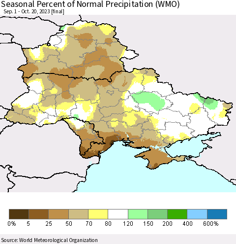 Ukraine, Moldova and Belarus Seasonal Percent of Normal Precipitation (WMO) Thematic Map For 9/1/2023 - 10/20/2023