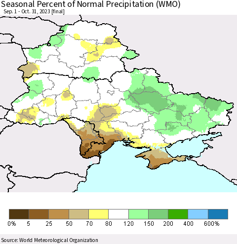 Ukraine, Moldova and Belarus Seasonal Percent of Normal Precipitation (WMO) Thematic Map For 9/1/2023 - 10/31/2023