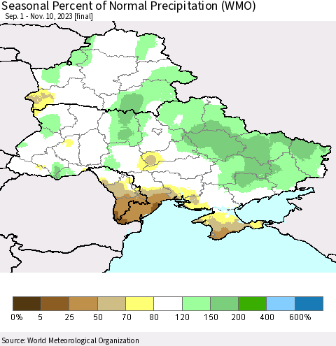 Ukraine, Moldova and Belarus Seasonal Percent of Normal Precipitation (WMO) Thematic Map For 9/1/2023 - 11/10/2023