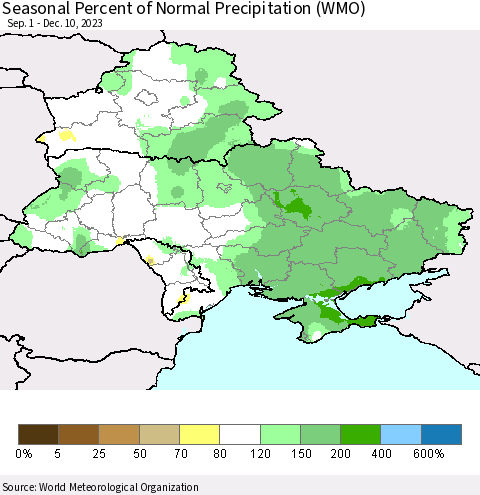 Ukraine, Moldova and Belarus Seasonal Percent of Normal Precipitation (WMO) Thematic Map For 9/1/2023 - 12/10/2023