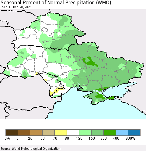 Ukraine, Moldova and Belarus Seasonal Percent of Normal Precipitation (WMO) Thematic Map For 9/1/2023 - 12/20/2023