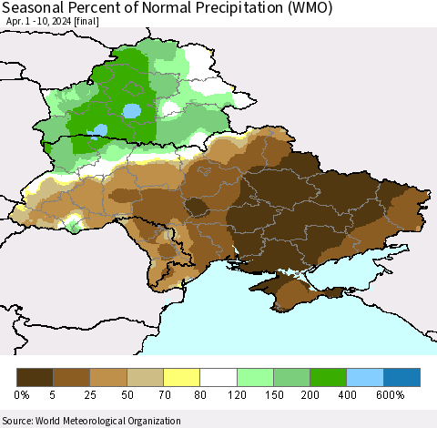 Ukraine, Moldova and Belarus Seasonal Percent of Normal Precipitation (WMO) Thematic Map For 4/1/2024 - 4/10/2024