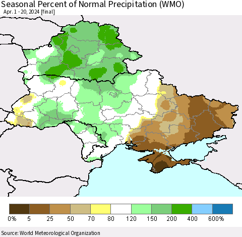 Ukraine, Moldova and Belarus Seasonal Percent of Normal Precipitation (WMO) Thematic Map For 4/1/2024 - 4/20/2024