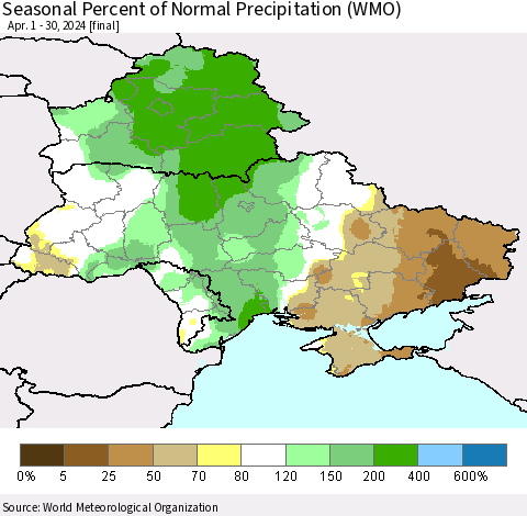 Ukraine, Moldova and Belarus Seasonal Percent of Normal Precipitation (WMO) Thematic Map For 4/1/2024 - 4/30/2024