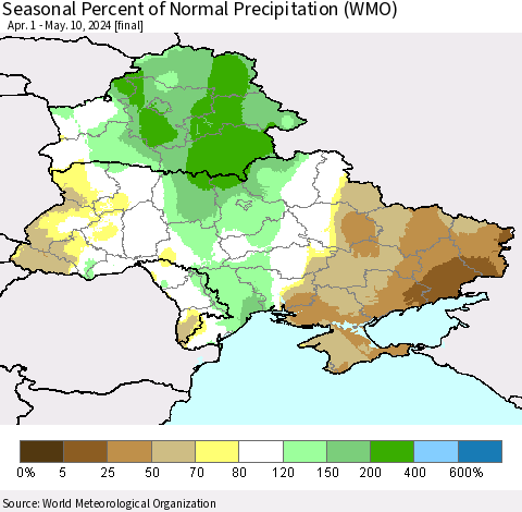 Ukraine, Moldova and Belarus Seasonal Percent of Normal Precipitation (WMO) Thematic Map For 4/1/2024 - 5/10/2024