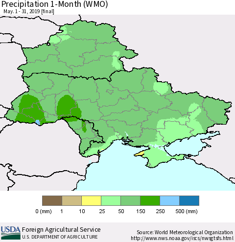 Ukraine, Moldova and Belarus Precipitation 1-Month (WMO) Thematic Map For 5/1/2019 - 5/31/2019