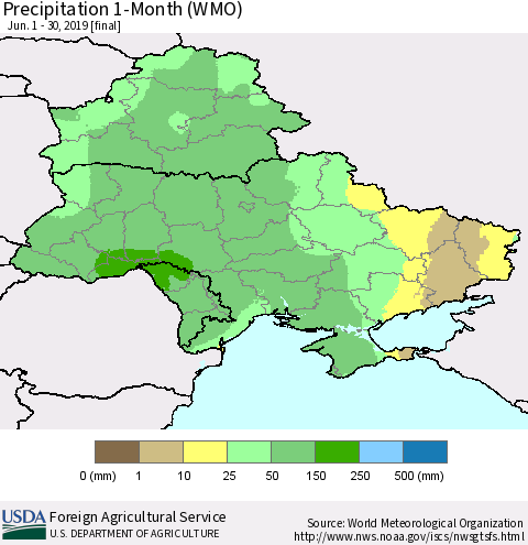 Ukraine, Moldova and Belarus Precipitation 1-Month (WMO) Thematic Map For 6/1/2019 - 6/30/2019