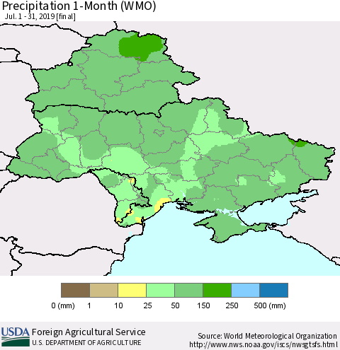Ukraine, Moldova and Belarus Precipitation 1-Month (WMO) Thematic Map For 7/1/2019 - 7/31/2019