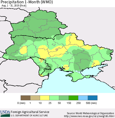 Ukraine, Moldova and Belarus Precipitation 1-Month (WMO) Thematic Map For 8/1/2019 - 8/31/2019