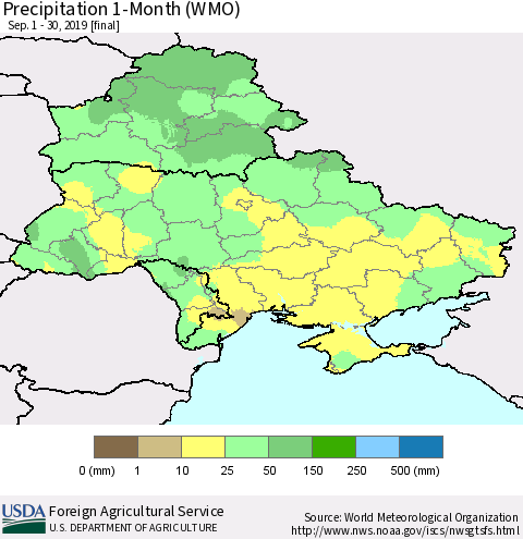 Ukraine, Moldova and Belarus Precipitation 1-Month (WMO) Thematic Map For 9/1/2019 - 9/30/2019