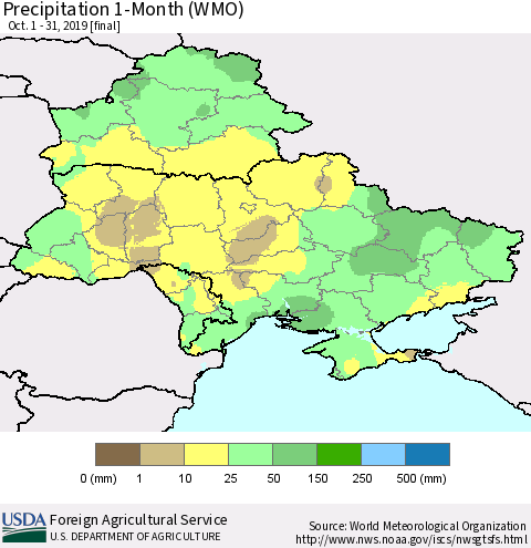 Ukraine, Moldova and Belarus Precipitation 1-Month (WMO) Thematic Map For 10/1/2019 - 10/31/2019