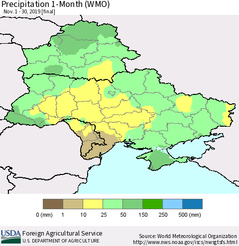Ukraine, Moldova and Belarus Precipitation 1-Month (WMO) Thematic Map For 11/1/2019 - 11/30/2019