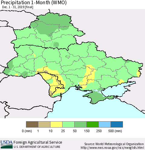Ukraine, Moldova and Belarus Precipitation 1-Month (WMO) Thematic Map For 12/1/2019 - 12/31/2019