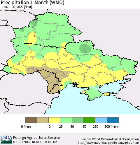 Ukraine, Moldova and Belarus Precipitation 1-Month (WMO) Thematic Map For 1/1/2020 - 1/31/2020