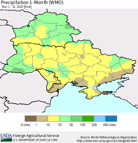 Ukraine, Moldova and Belarus Precipitation 1-Month (WMO) Thematic Map For 3/1/2020 - 3/31/2020