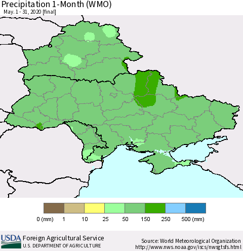 Ukraine, Moldova and Belarus Precipitation 1-Month (WMO) Thematic Map For 5/1/2020 - 5/31/2020