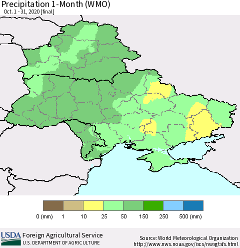 Ukraine, Moldova and Belarus Precipitation 1-Month (WMO) Thematic Map For 10/1/2020 - 10/31/2020