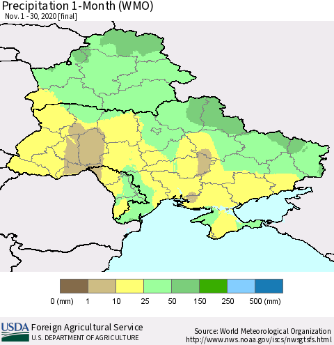 Ukraine, Moldova and Belarus Precipitation 1-Month (WMO) Thematic Map For 11/1/2020 - 11/30/2020