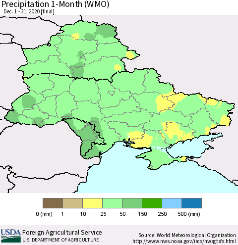 Ukraine, Moldova and Belarus Precipitation 1-Month (WMO) Thematic Map For 12/1/2020 - 12/31/2020