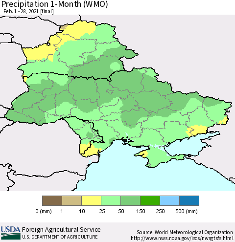 Ukraine, Moldova and Belarus Precipitation 1-Month (WMO) Thematic Map For 2/1/2021 - 2/28/2021