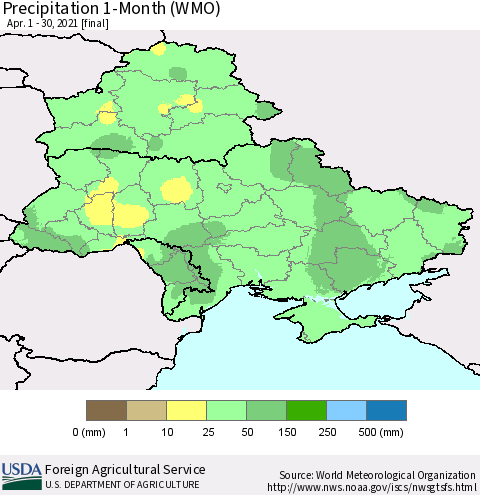 Ukraine, Moldova and Belarus Precipitation 1-Month (WMO) Thematic Map For 4/1/2021 - 4/30/2021
